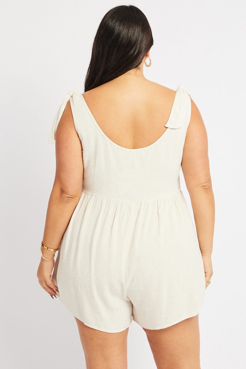Beige Playsuit Sleeveless Tie Shoulder Linen Blend for YouandAll Fashion