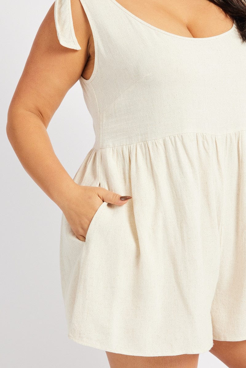 Beige Playsuit Sleeveless Tie Shoulder Linen Blend for YouandAll Fashion
