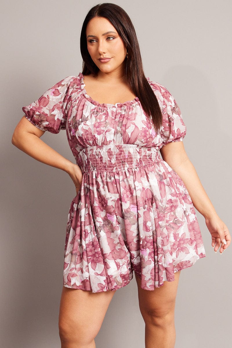 Pink Floral Ruffle Playsuit Short Sleeve for YouandAll Fashion