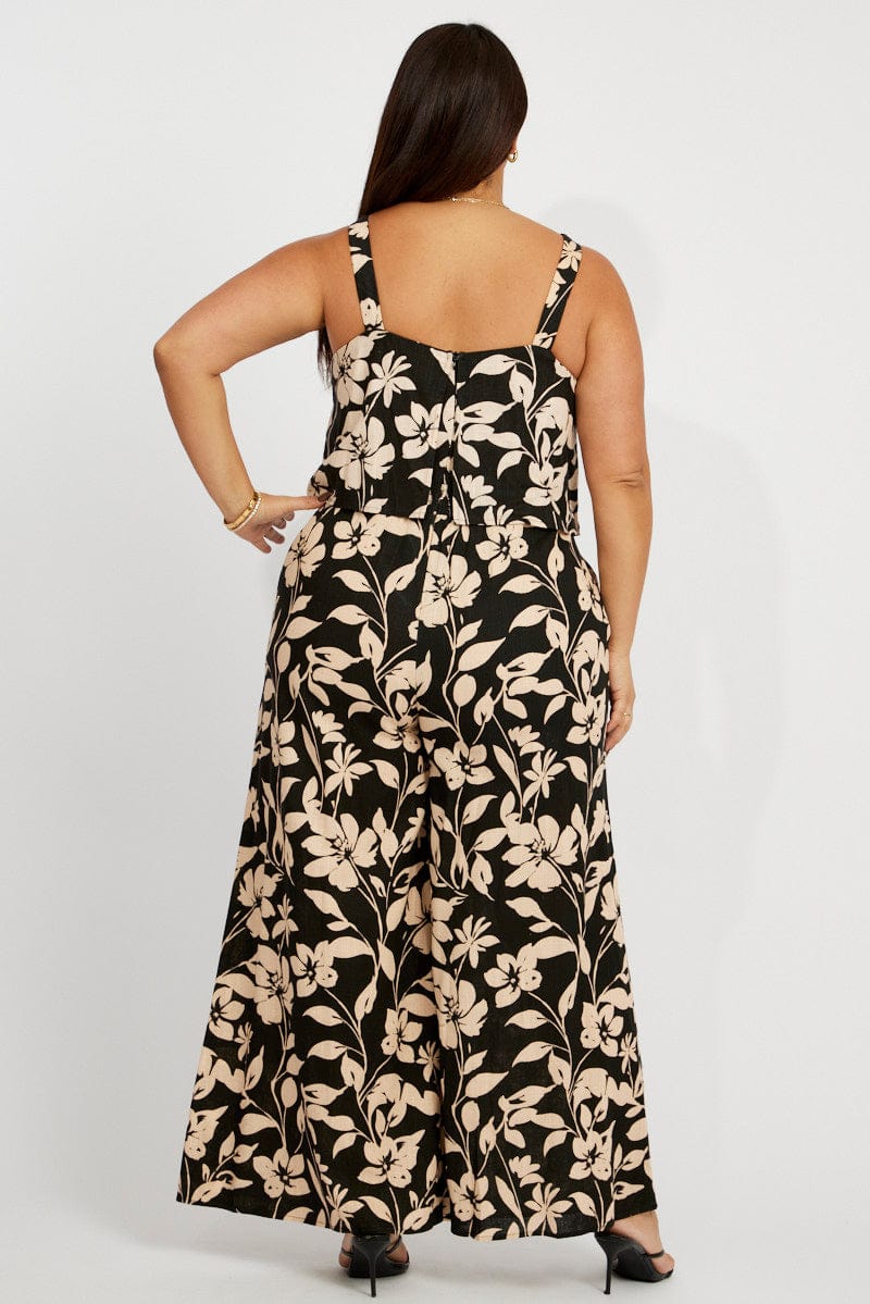 Black Floral Jumpsuit Sleeveless Linen Blend for YouandAll Fashion