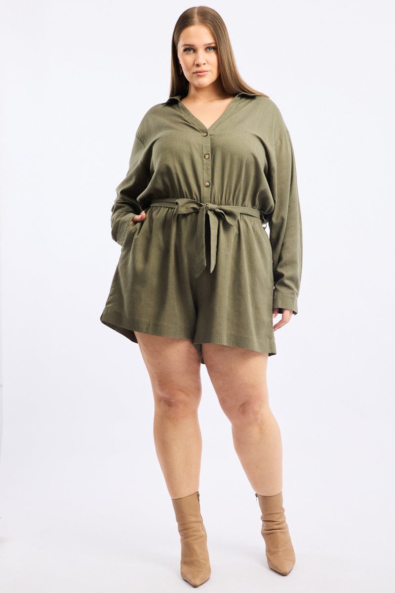 Green Playsuit Long Sleeve Linen Blend for YouandAll Fashion