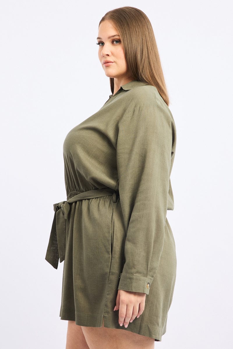 Green Playsuit Long Sleeve Linen Blend for YouandAll Fashion