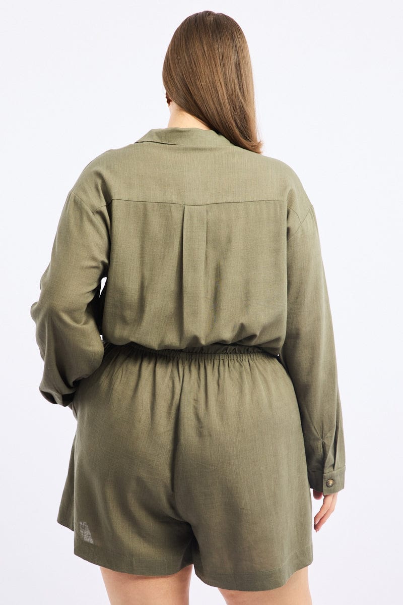 Green Playsuit Long Sleeve Linen Blend for YouandAll Fashion