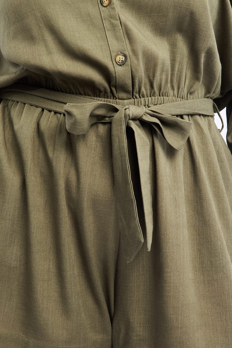 Green Playsuit Long Sleeve Linen Blend for YouandAll Fashion
