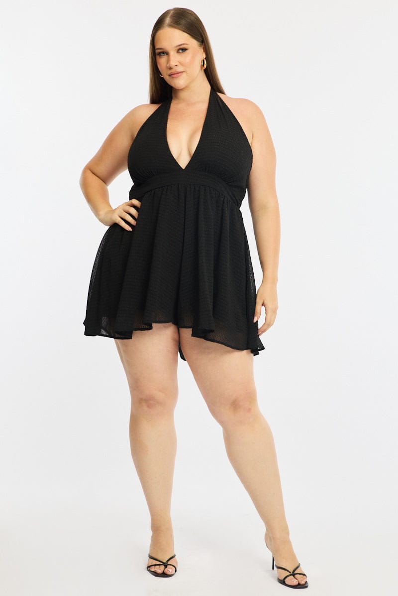 Black Playsuit Sleeveless Halter Neck Textured for YouandAll Fashion