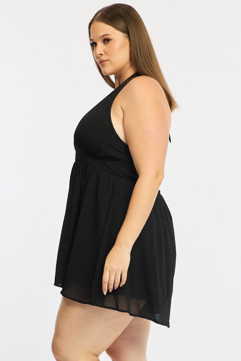 Black Playsuit Sleeveless Halter Neck Textured for YouandAll Fashion