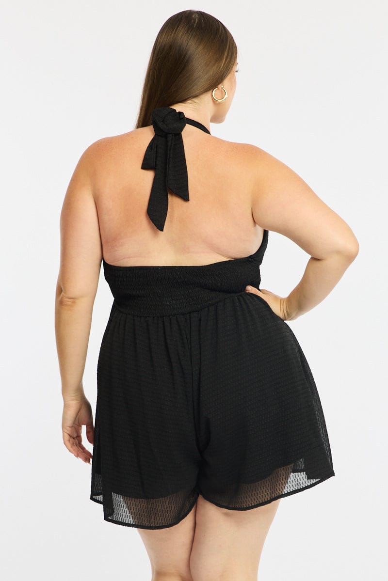 Black Playsuit Sleeveless Halter Neck Textured for YouandAll Fashion