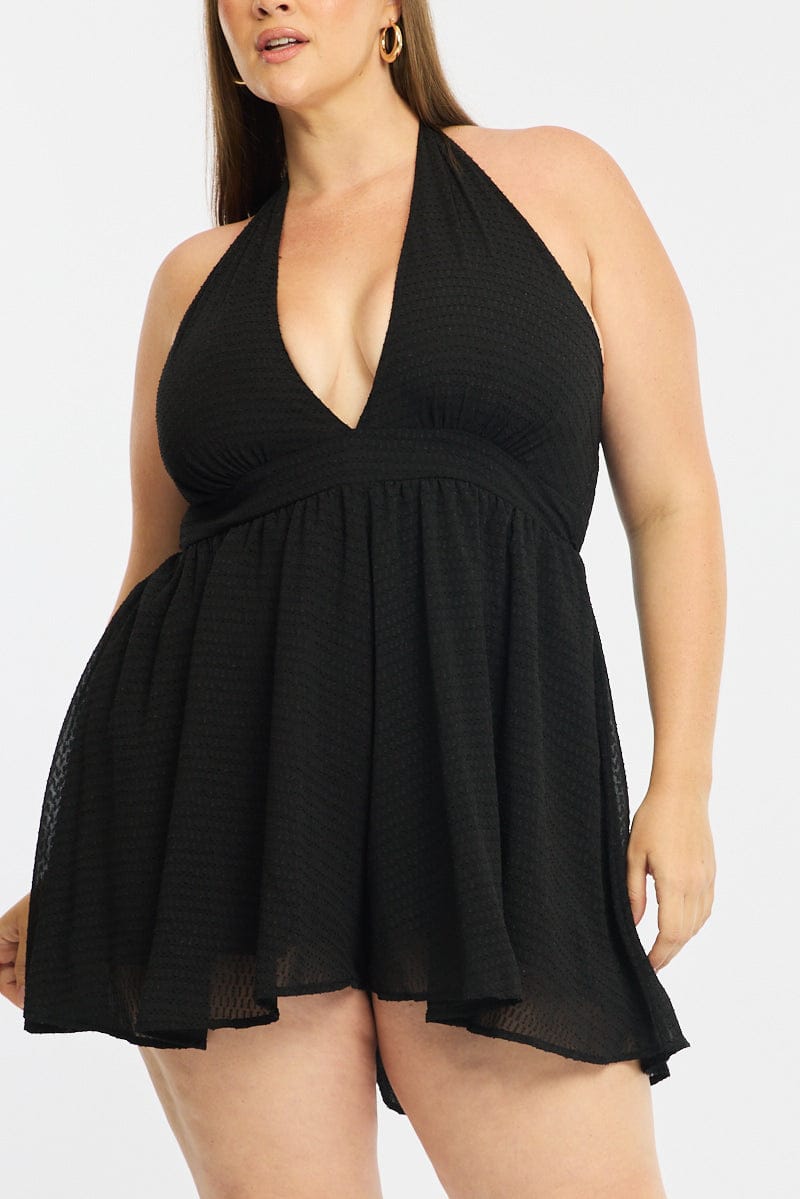 Black Playsuit Sleeveless Halter Neck Textured for YouandAll Fashion