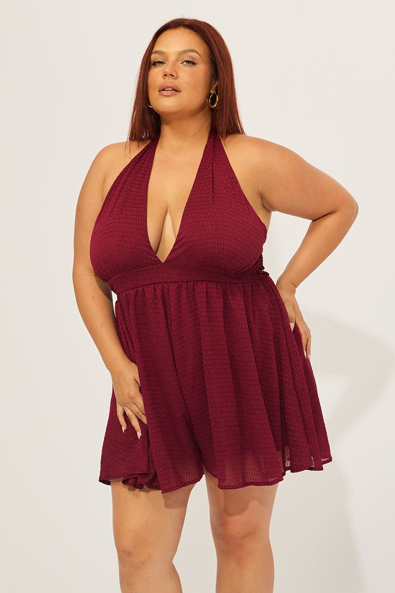 Red Playsuit Sleeveless Halter Neck Textured