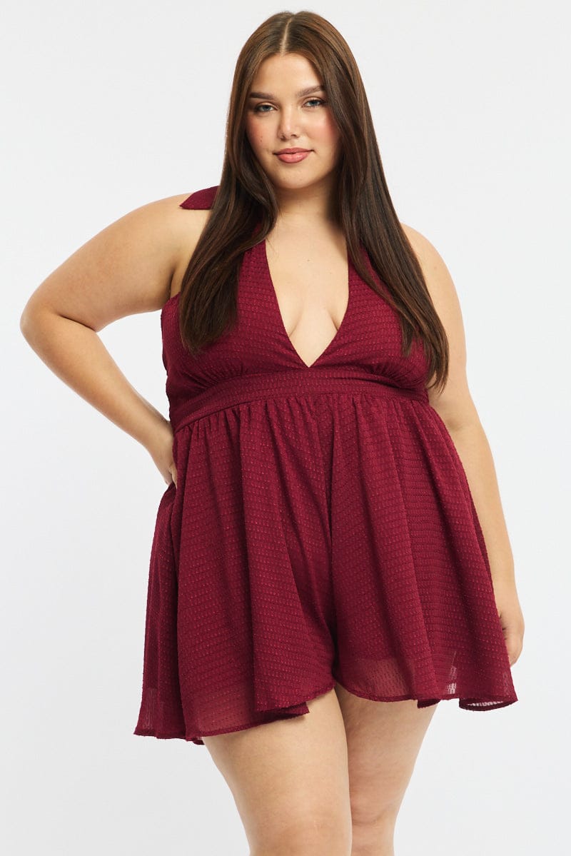 Red Playsuit Sleeveless Halter Neck Textured for YouandAll Fashion