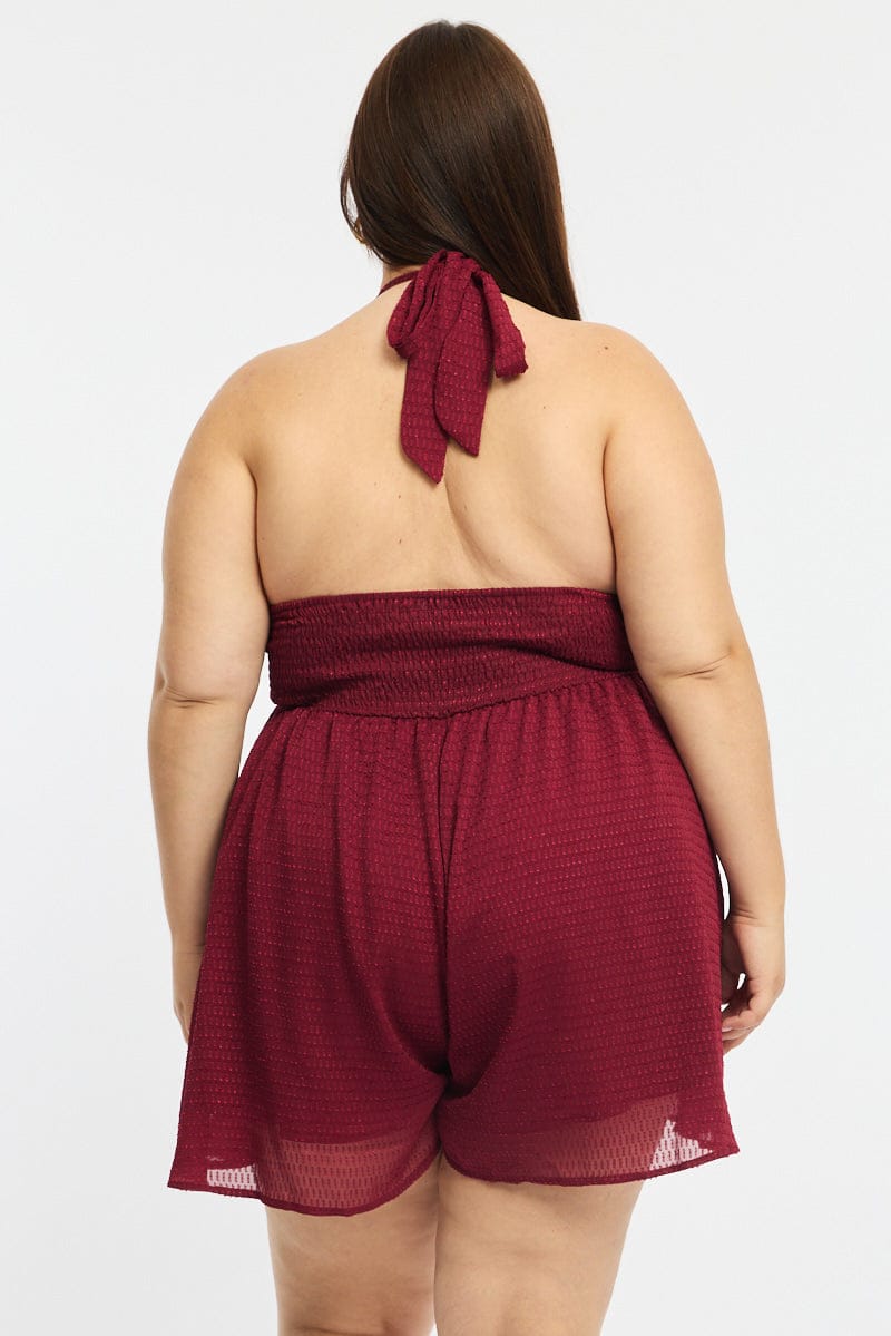 Red Playsuit Sleeveless Halter Neck Textured for YouandAll Fashion