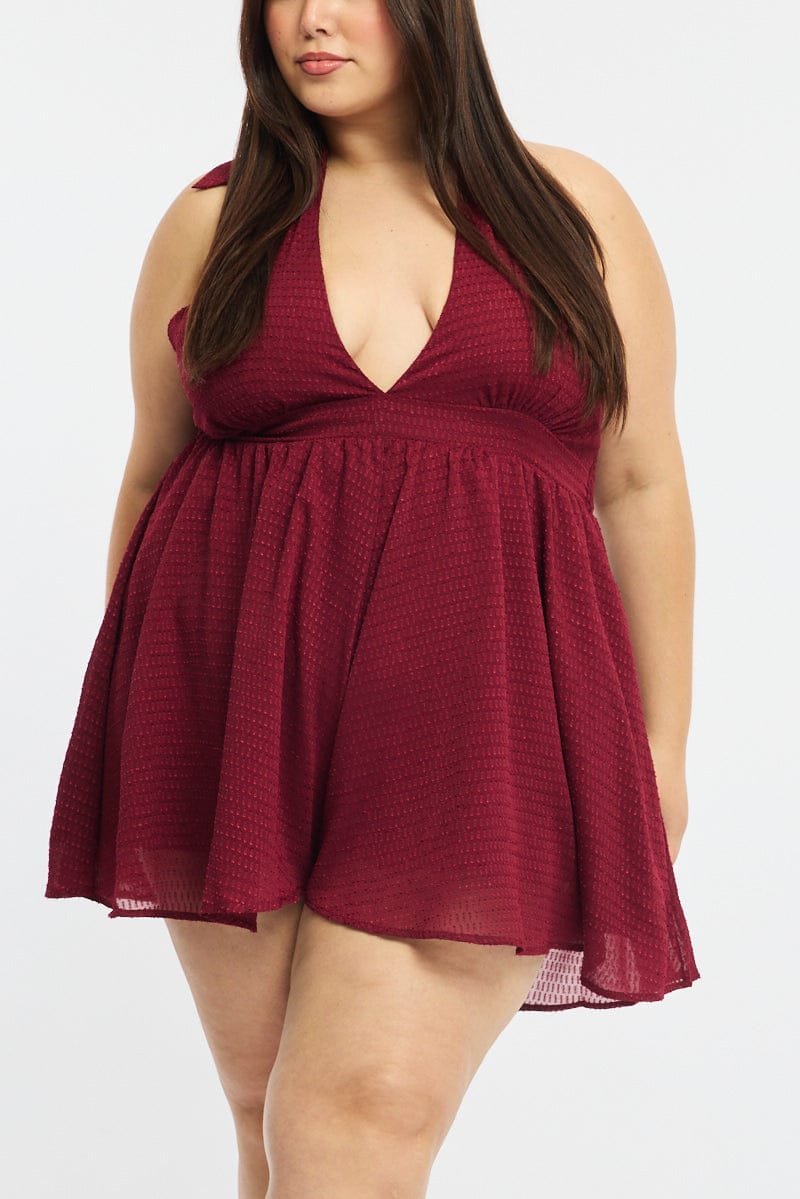 Red Playsuit Sleeveless Halter Neck Textured for YouandAll Fashion