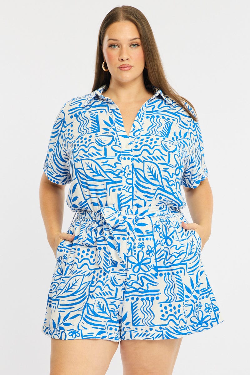 Blue Abstract Playsuit Short Sleeve Belted Linen Blend for YouandAll Fashion