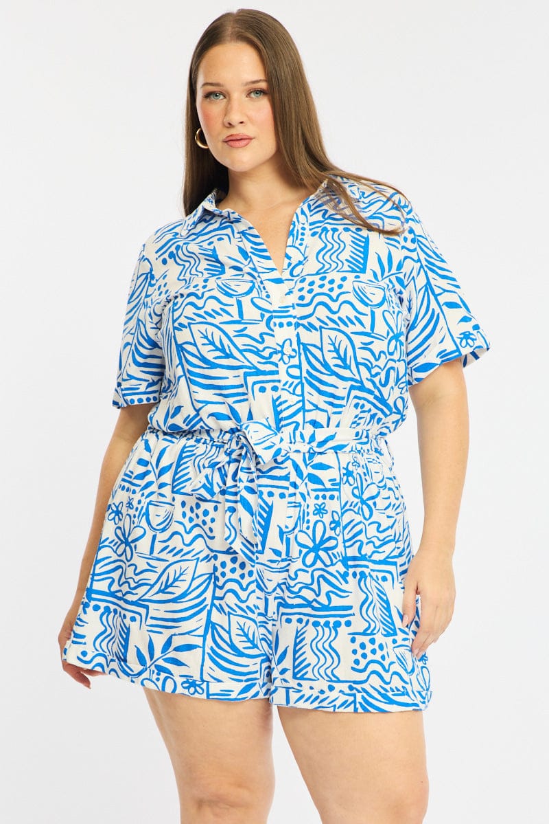 Blue Abstract Playsuit Short Sleeve Belted Linen Blend for YouandAll Fashion