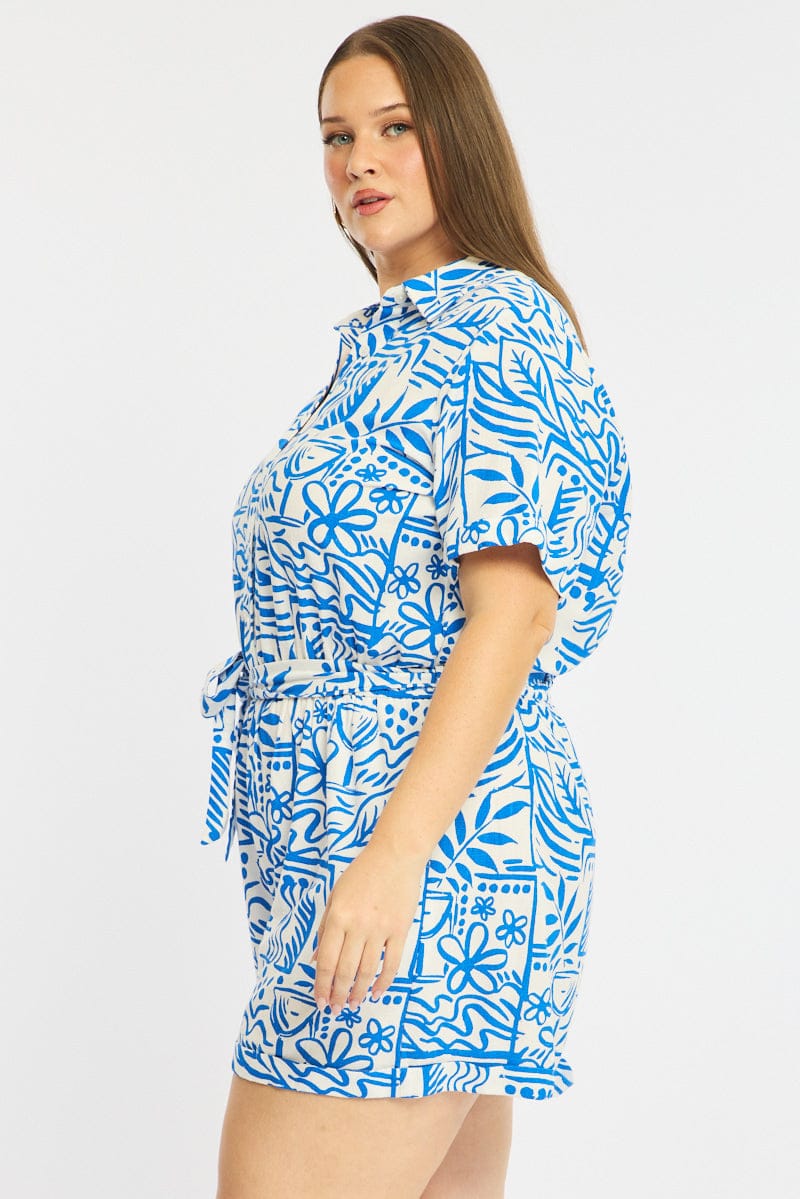 Blue Abstract Playsuit Short Sleeve Belted Linen Blend for YouandAll Fashion