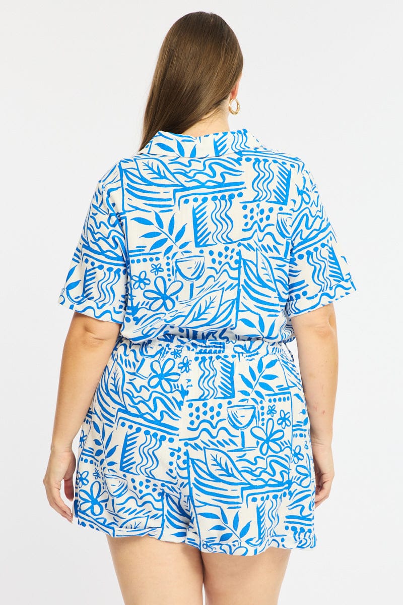 Blue Abstract Playsuit Short Sleeve Belted Linen Blend for YouandAll Fashion