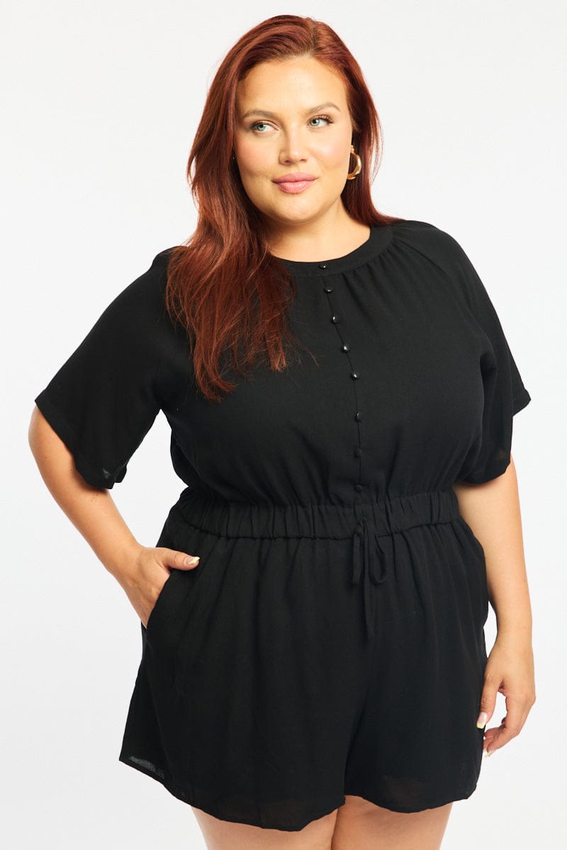 Black Playsuit Short Sleeve Button Front Textured for YouandAll Fashion