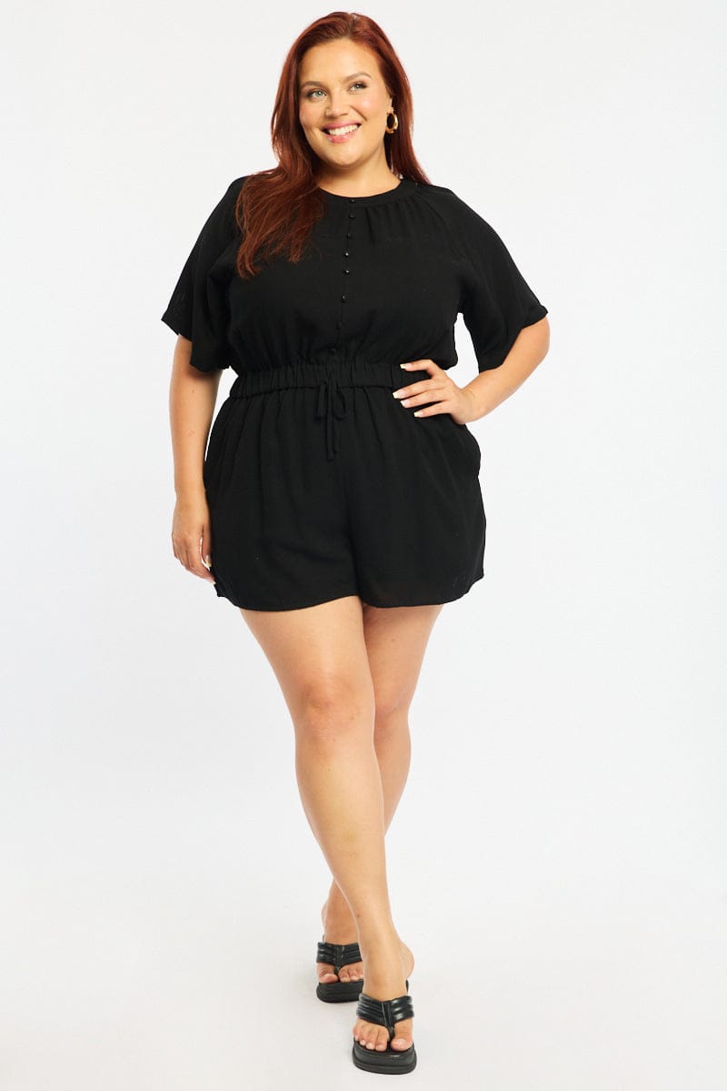 Black Playsuit Short Sleeve Button Front Textured for YouandAll Fashion