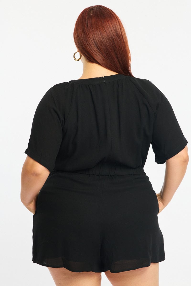 Black Playsuit Short Sleeve Button Front Textured for YouandAll Fashion