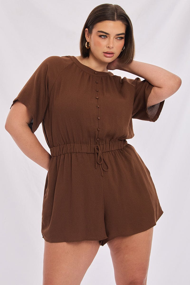 Brown Playsuit Short Sleeve Button Front Textured for YouandAll Fashion
