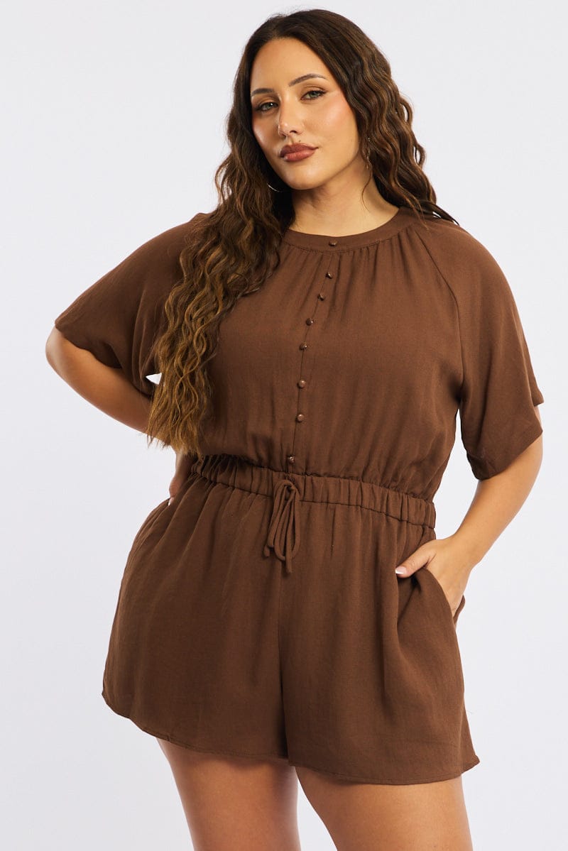 Brown Playsuit Short Sleeve Button Front Textured for YouandAll Fashion