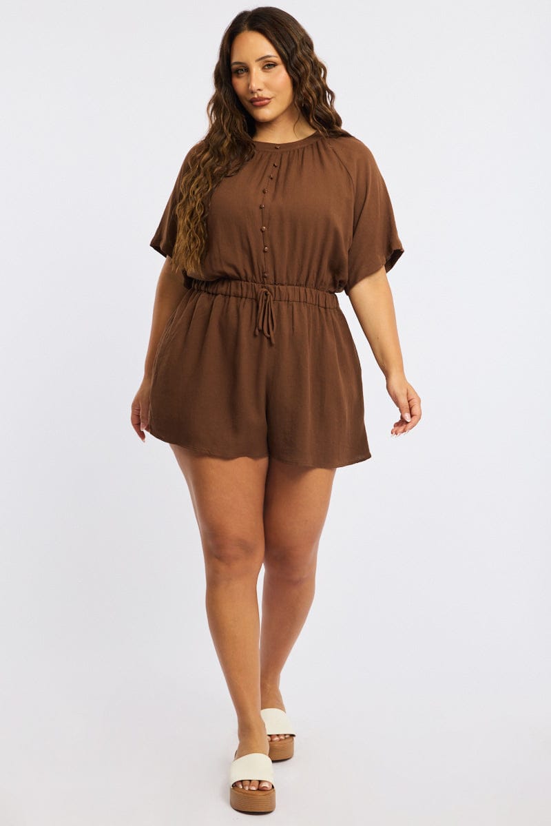 Brown Playsuit Short Sleeve Button Front Textured for YouandAll Fashion