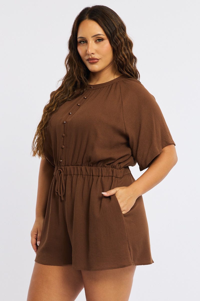 Brown Playsuit Short Sleeve Button Front Textured for YouandAll Fashion