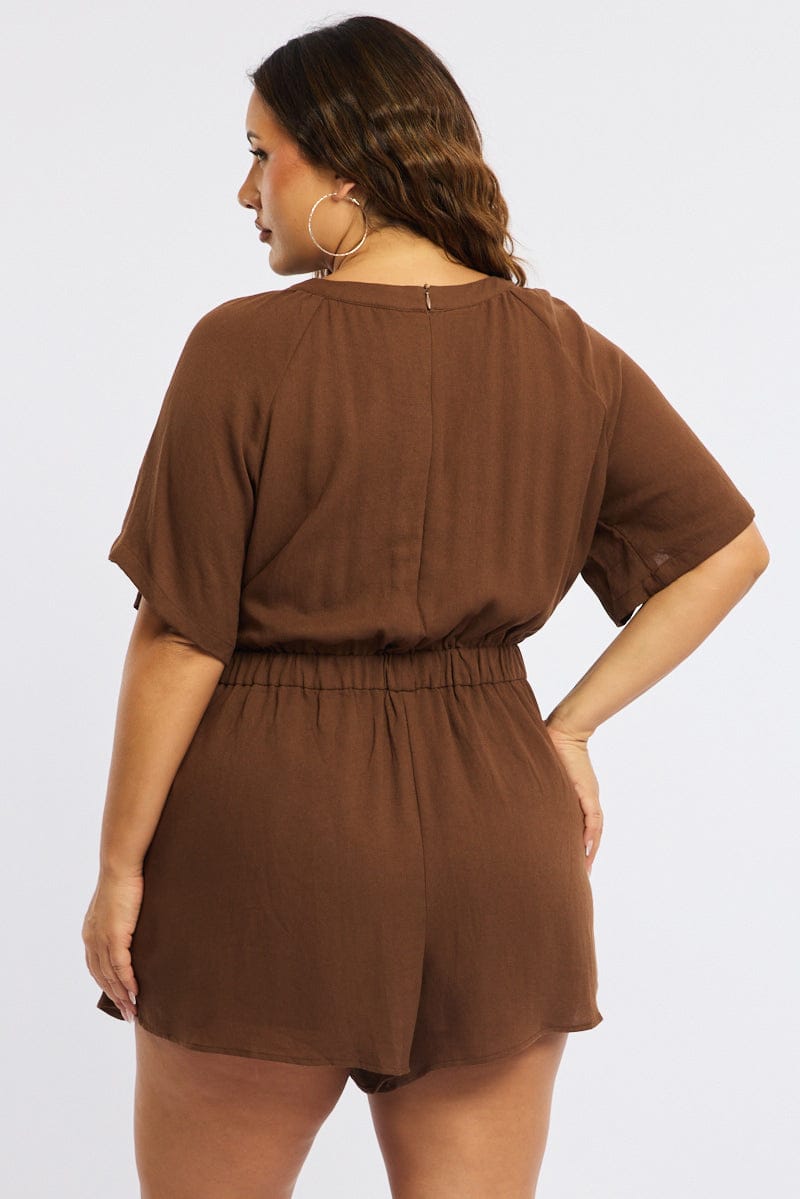 Brown Playsuit Short Sleeve Button Front Textured for YouandAll Fashion