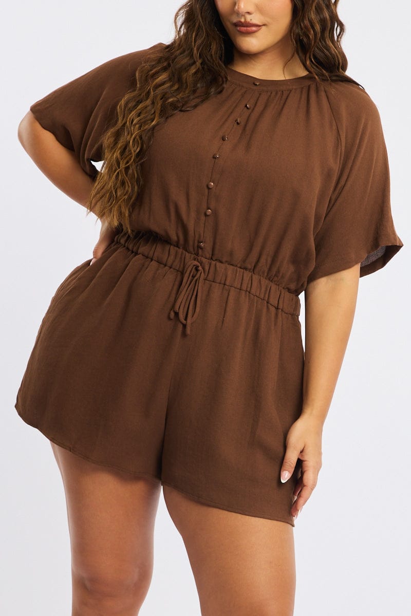 Brown Playsuit Short Sleeve Button Front Textured for YouandAll Fashion