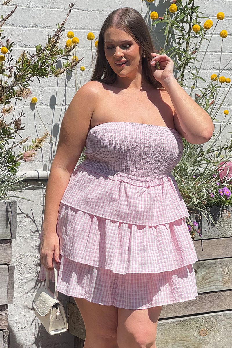 Pink Check Playsuit Strapless Shirred Body for YouandAll Fashion