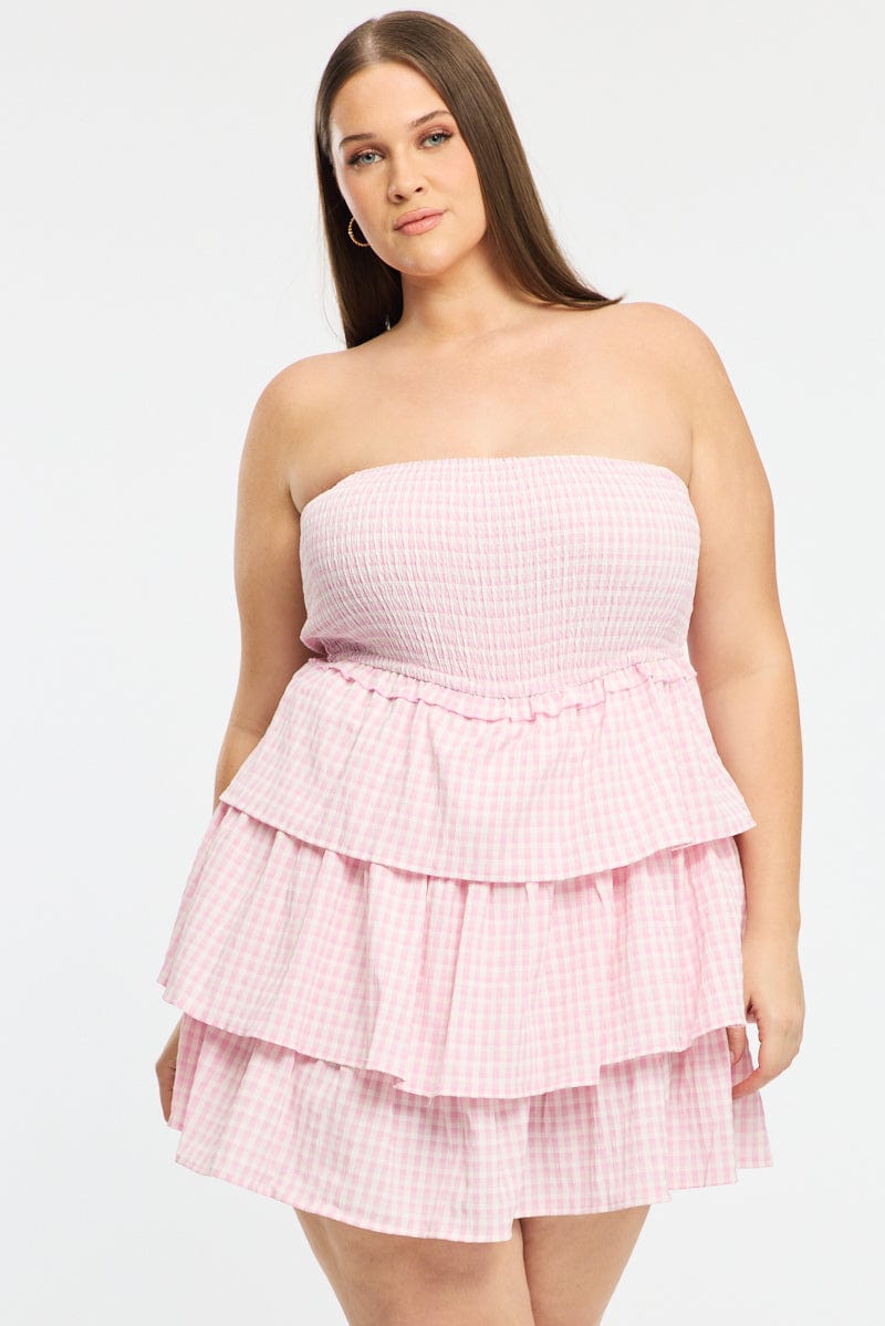 Pink Check Playsuit Strapless Shirred Body for YouandAll Fashion