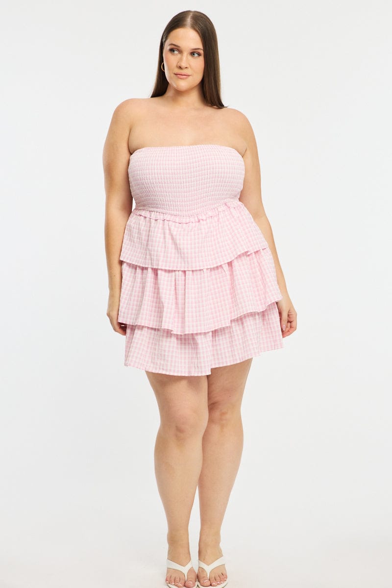 Pink Check Playsuit Strapless Shirred Body for YouandAll Fashion