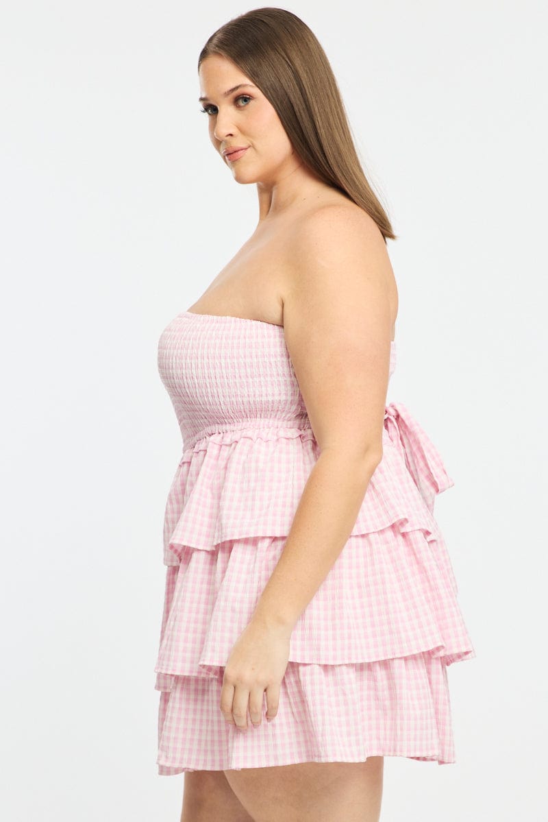 Pink Check Playsuit Strapless Shirred Body for YouandAll Fashion