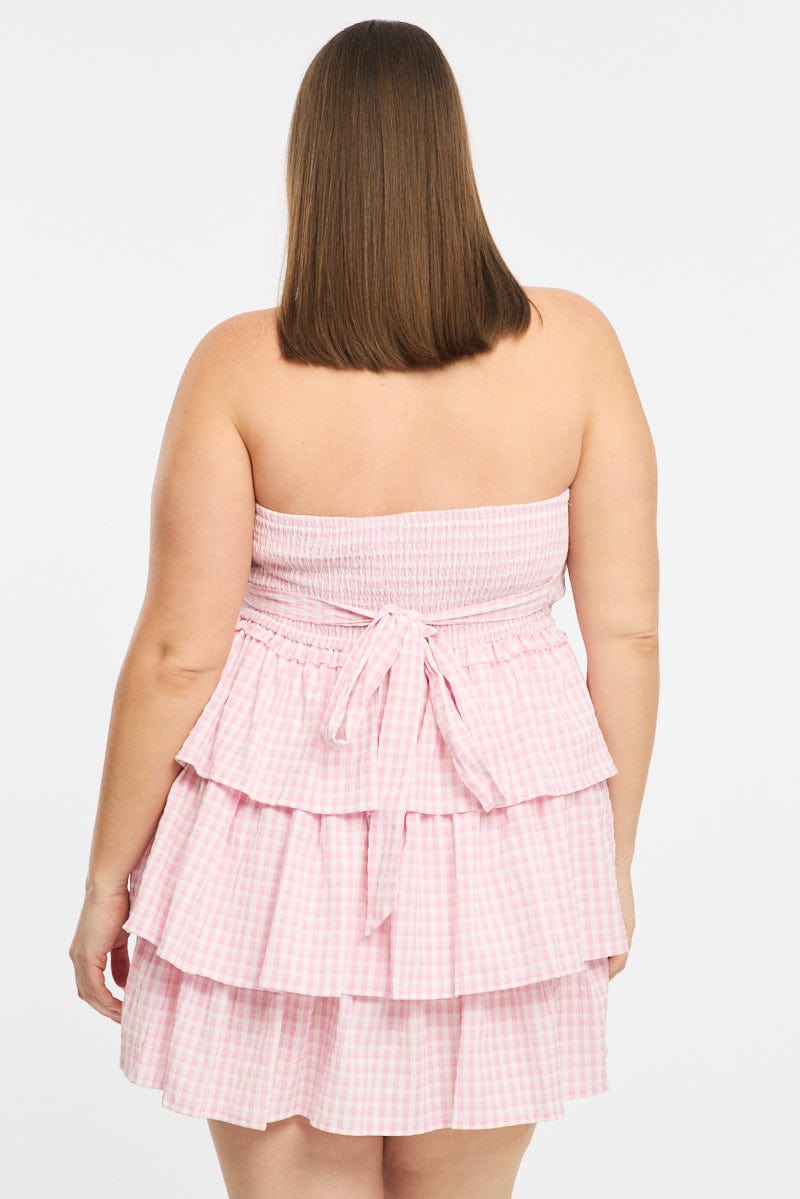 Pink Check Playsuit Strapless Shirred Body for YouandAll Fashion