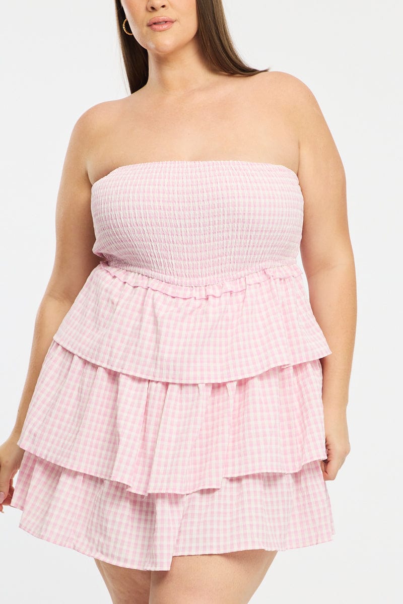 Pink Check Playsuit Strapless Shirred Body for YouandAll Fashion