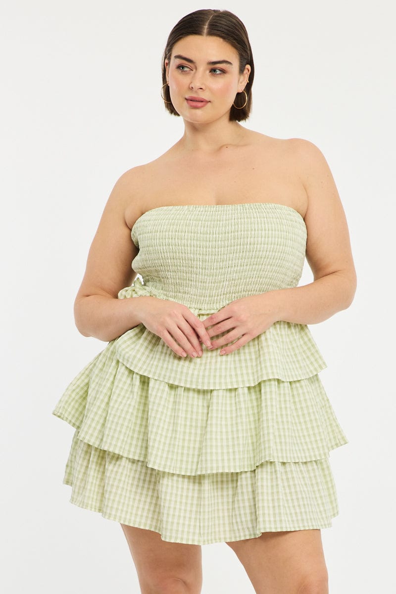 Green Check Playsuit Strapless Shirred Body for YouandAll Fashion