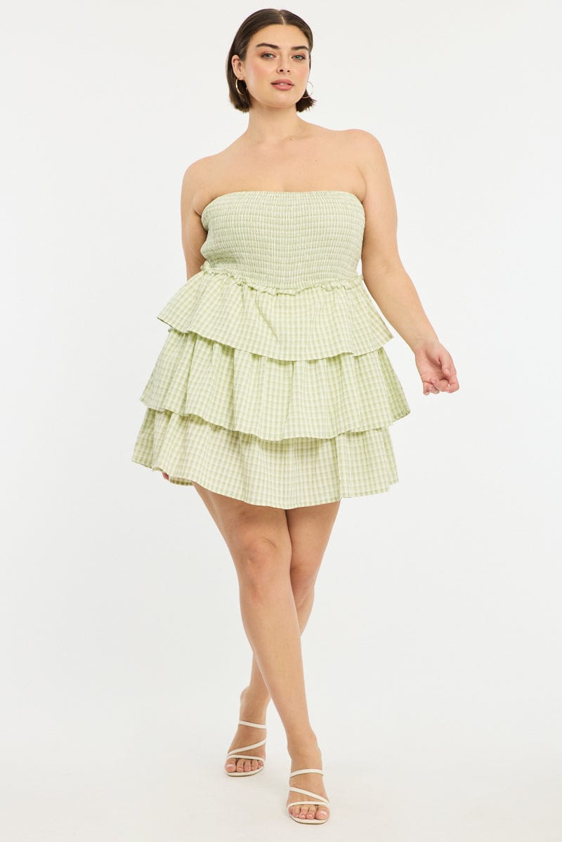 Green Check Playsuit Strapless Shirred Body for YouandAll Fashion