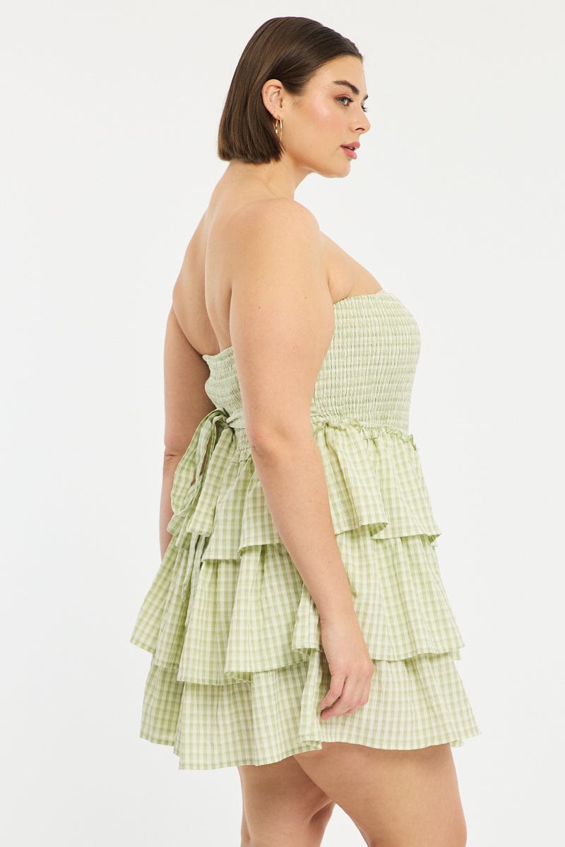 Green Check Playsuit Strapless Shirred Body for YouandAll Fashion