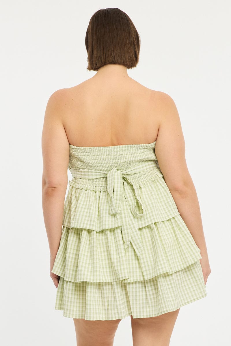 Green Check Playsuit Strapless Shirred Body for YouandAll Fashion
