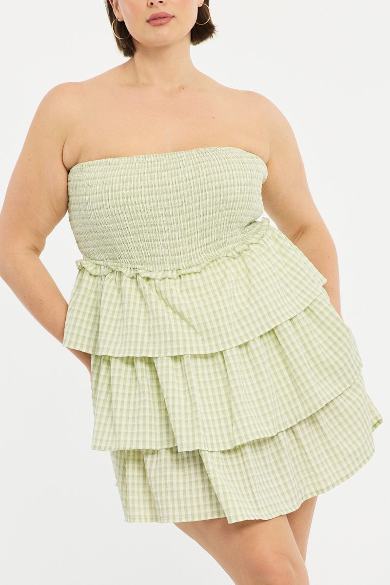 Green Check Playsuit Strapless Shirred Body for YouandAll Fashion