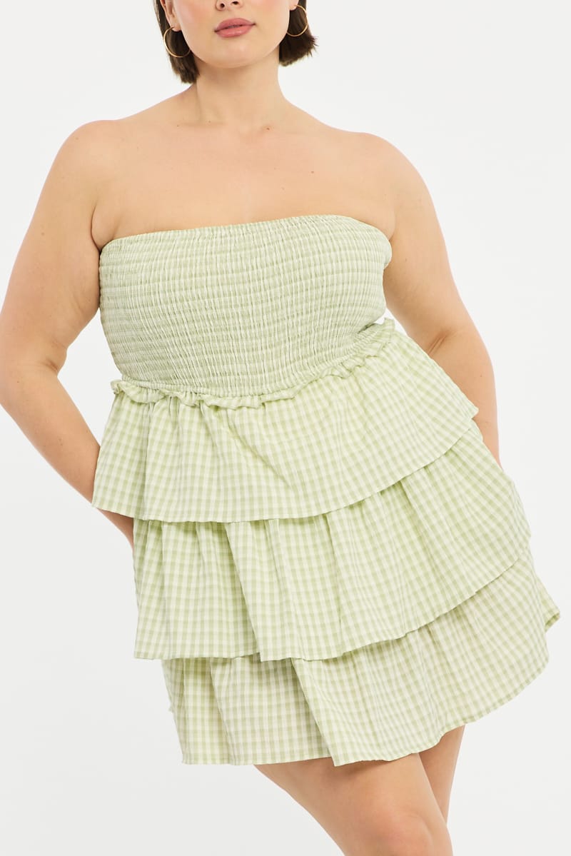 Green Check Playsuit Strapless Shirred Body for YouandAll Fashion