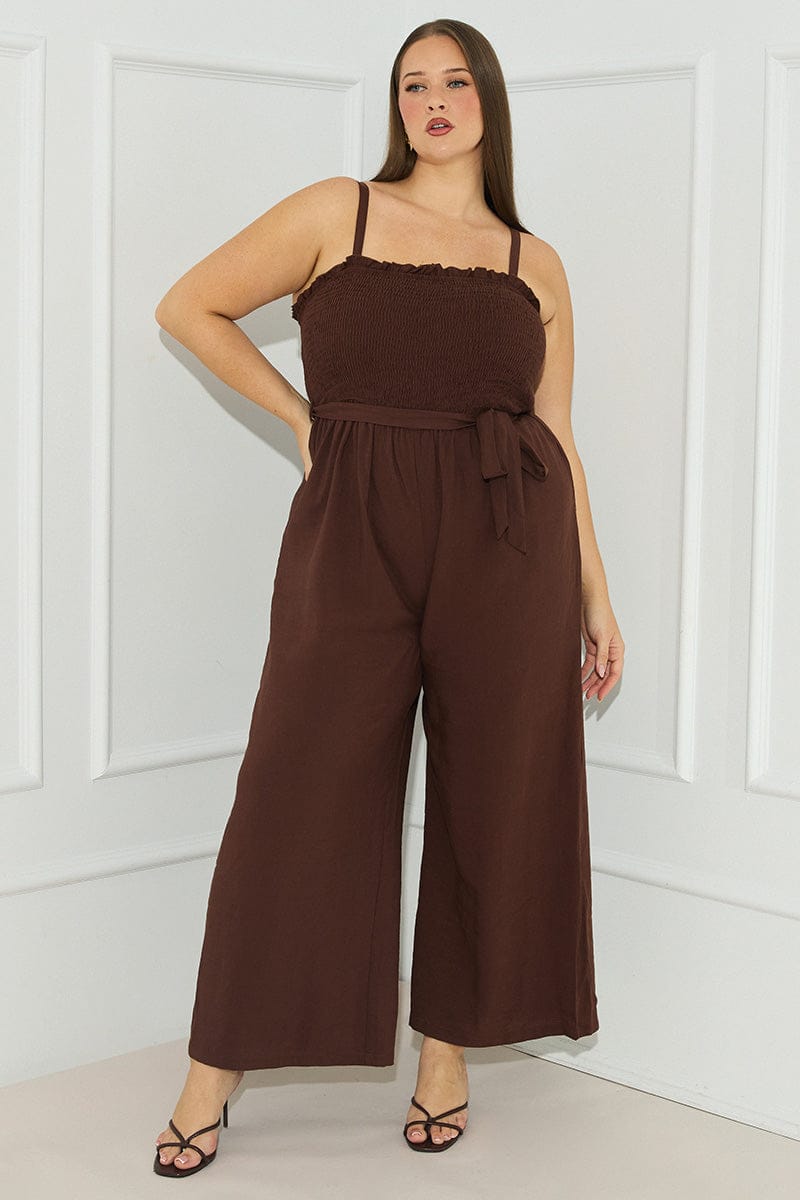Brown Jumpsuit Sleeveless Shirred Body Wide Leg for YouandAll Fashion