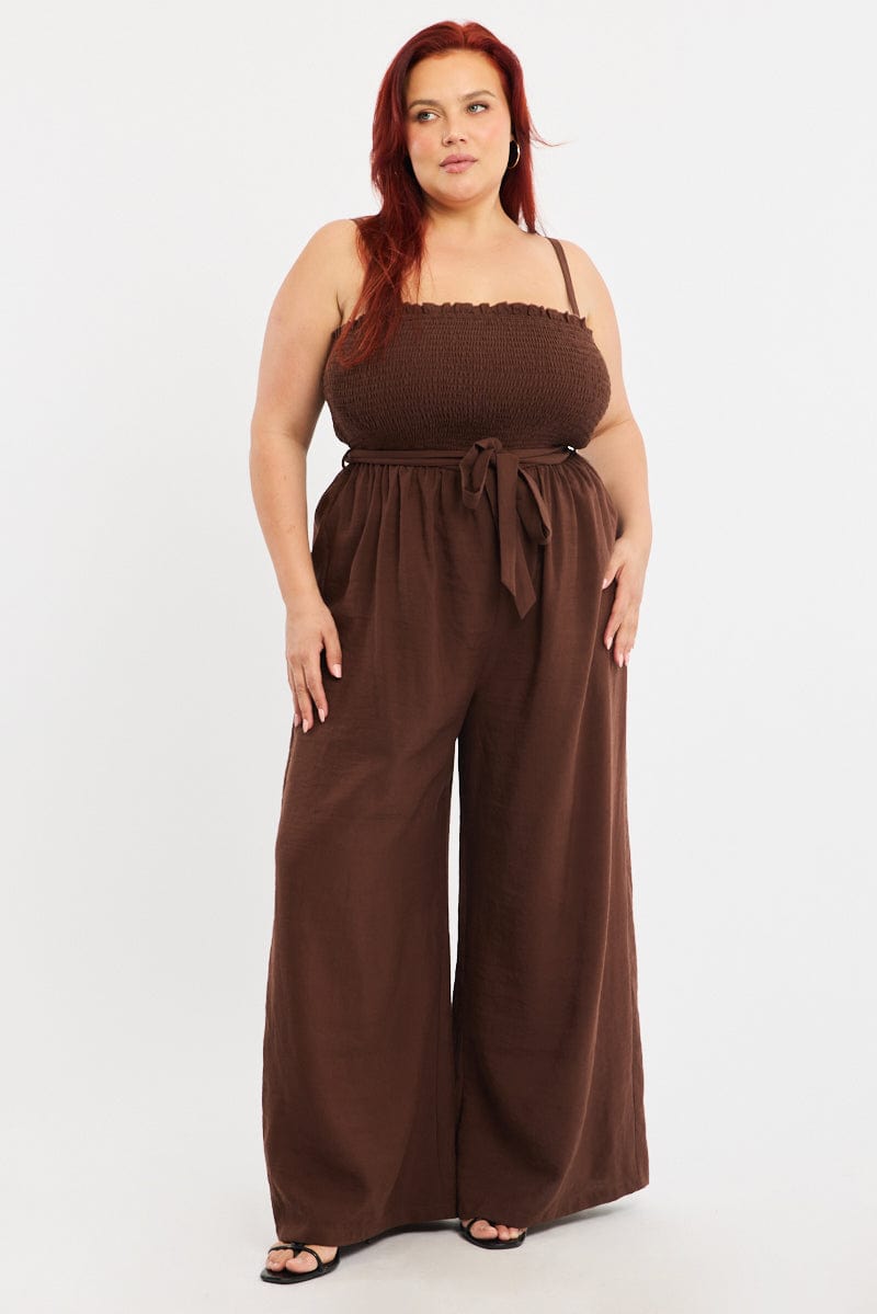 Brown Jumpsuit Sleeveless Shirred Body Wide Leg for YouandAll Fashion