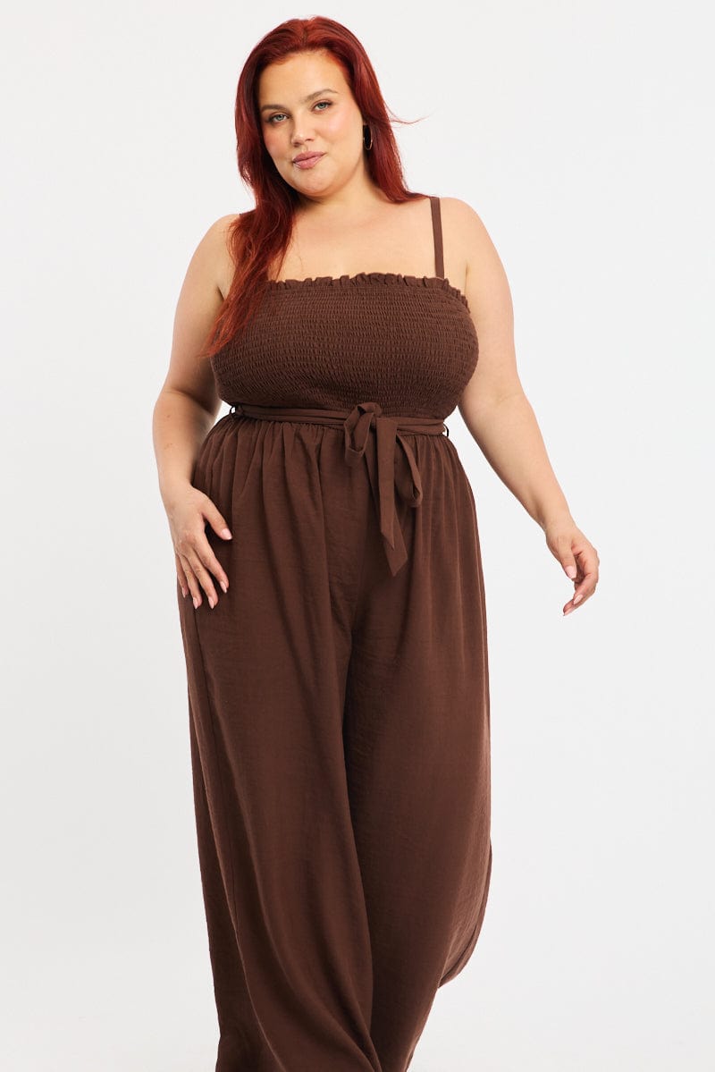 Brown Jumpsuit Sleeveless Shirred Body Wide Leg for YouandAll Fashion