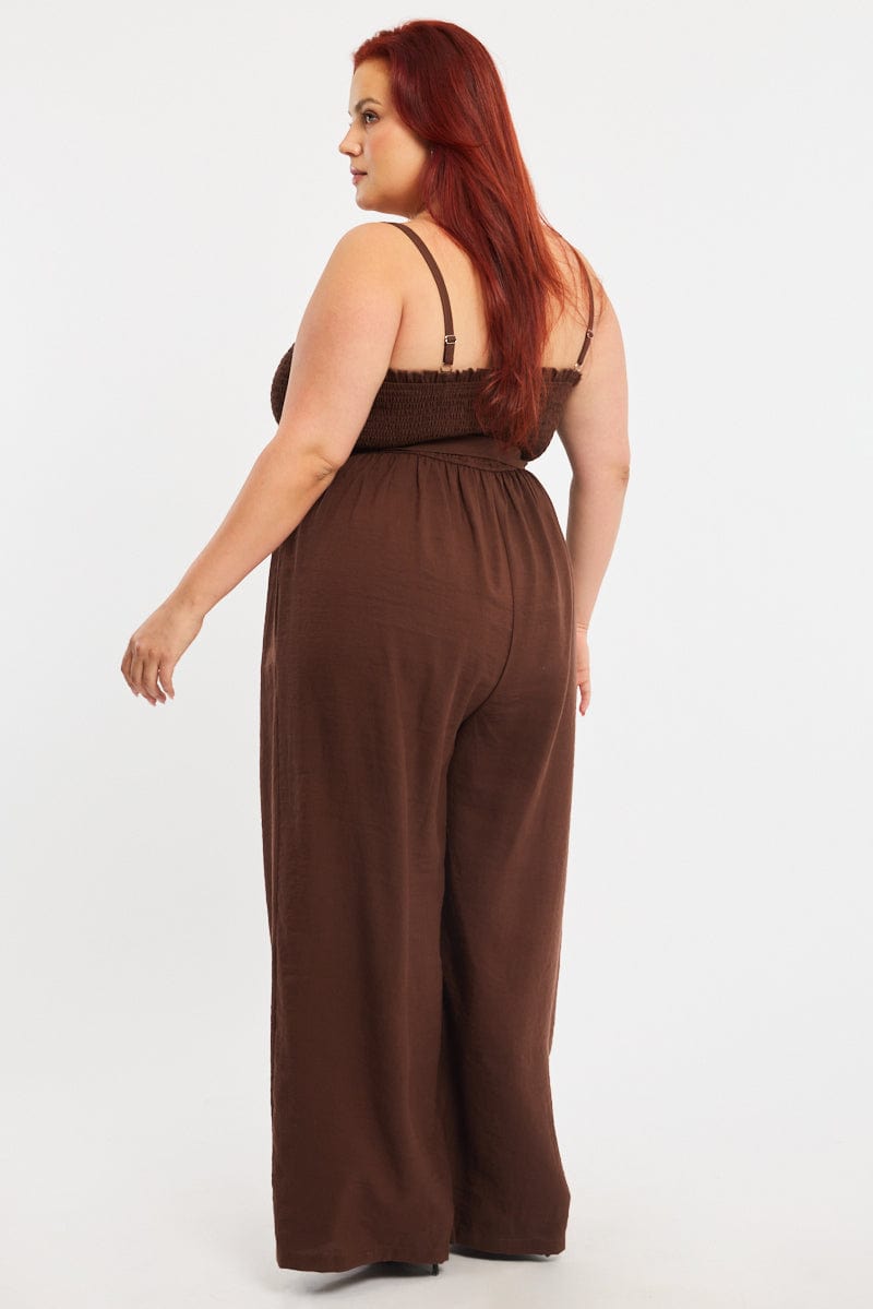 Brown Jumpsuit Sleeveless Shirred Body Wide Leg for YouandAll Fashion