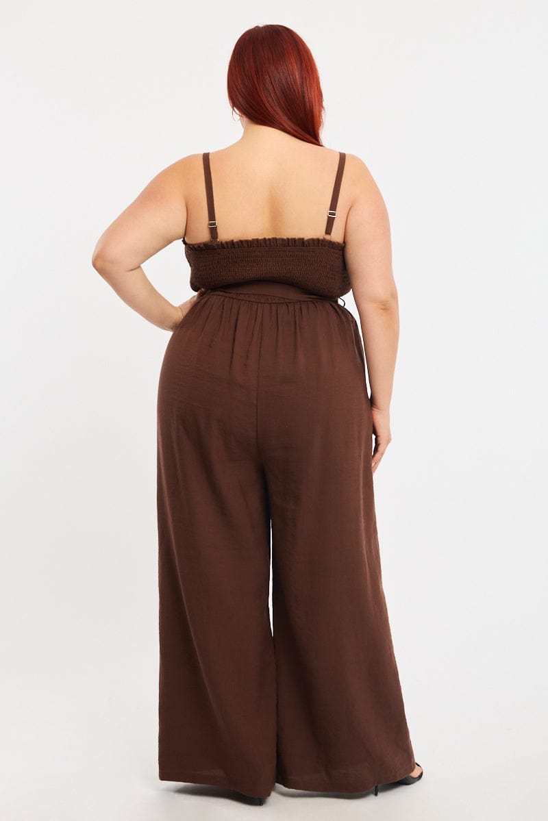 Brown Jumpsuit Sleeveless Shirred Body Wide Leg for YouandAll Fashion