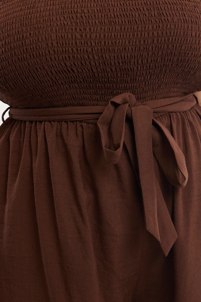 Brown Jumpsuit Sleeveless Shirred Body Wide Leg for YouandAll Fashion
