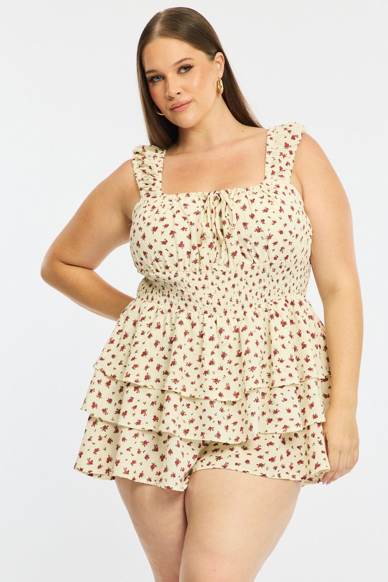 Red Ditsy Playsuit Short Sleeve Ruffle for YouandAll Fashion