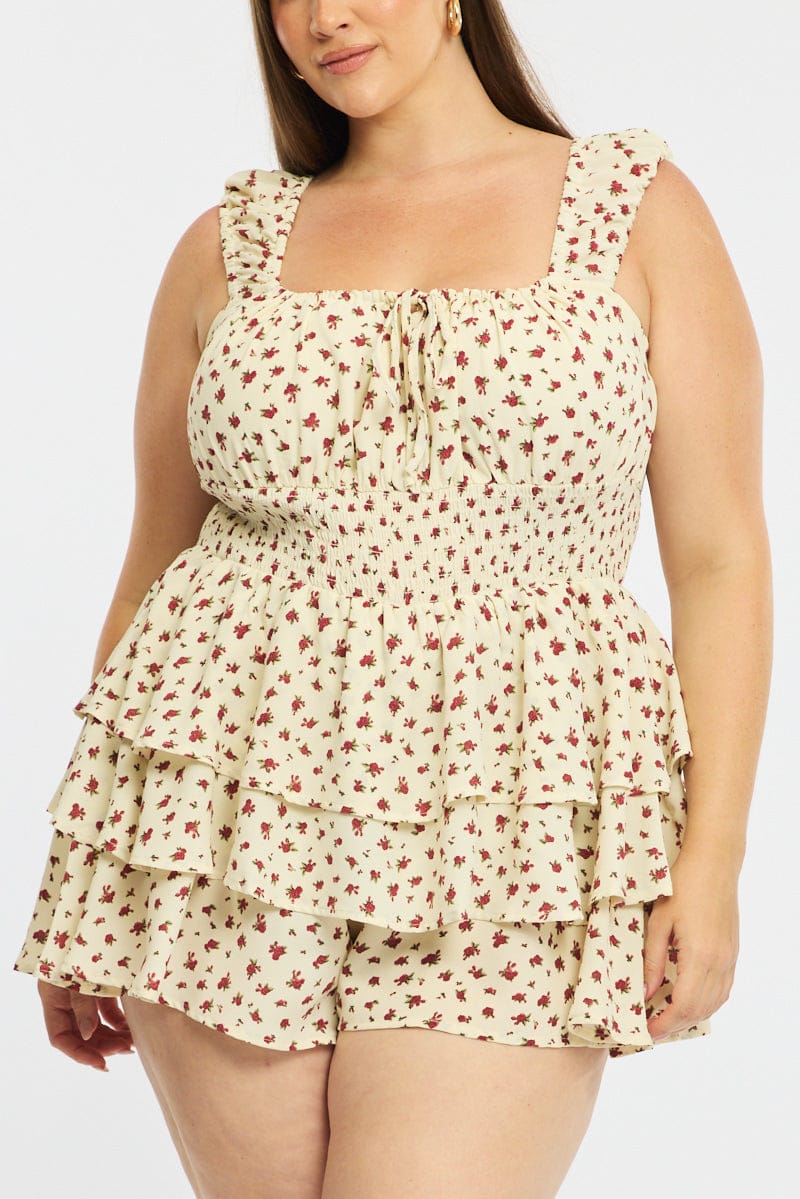 Red Ditsy Playsuit Short Sleeve Ruffle for YouandAll Fashion