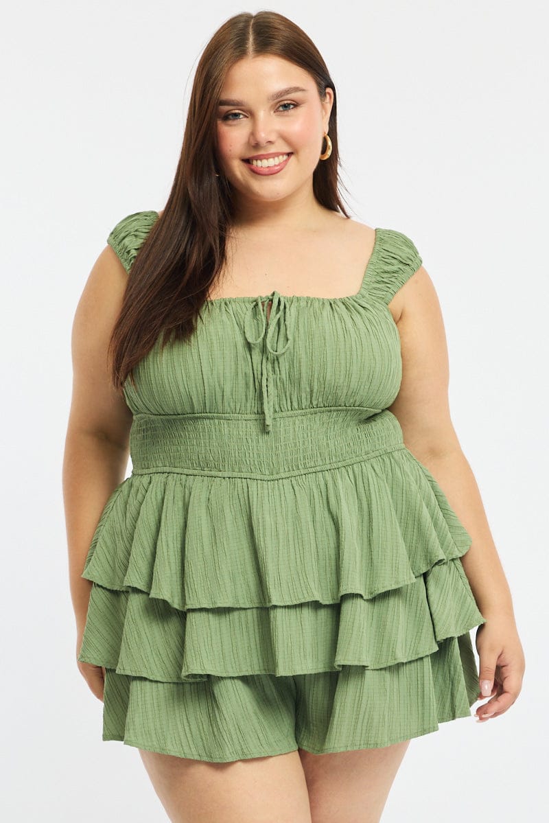 Green Playsuit Short Sleeve Ruffled for YouandAll Fashion